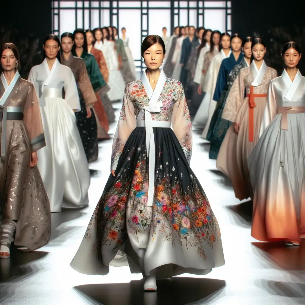 한복 컬렉션을 공개하는 고급 패션 런웨이 장면