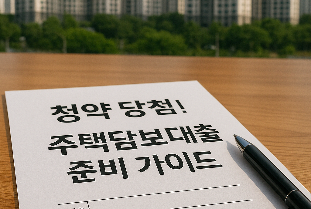 alt=&quot;청약에 당첨된 후 주택담보대출을 준비하는 모습을 보여주는 이미지로, 아파트 단지를 배경으로 한 계약서류 위에 '청약 당첨! 주택담보대출 준비 가이드'라는 한글 텍스트가 적혀 있고, 책상 위에 펜이 놓여 있는 장면&quot;
