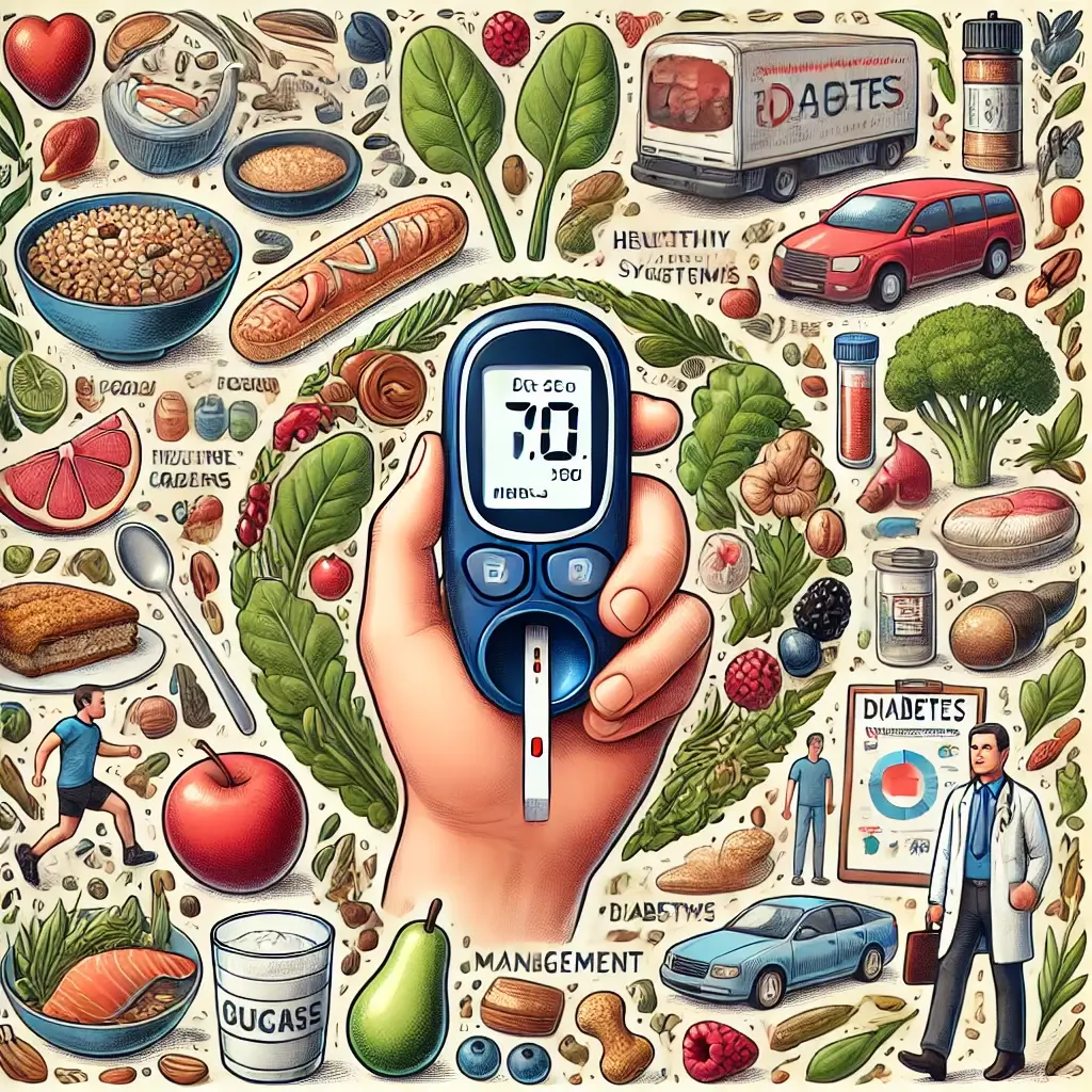 당뇨 예방을 위해 운동하는 모습과 당뇨병 예방에 좋은 음식들이 나열되어 있음