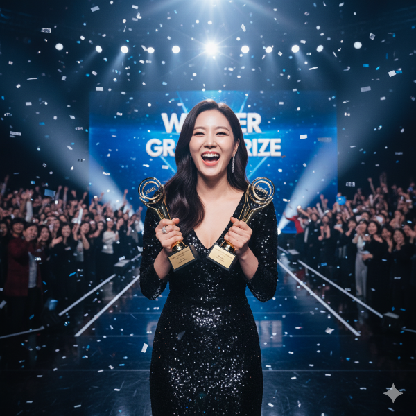  트로피 들고 환하게 웃는 장면 