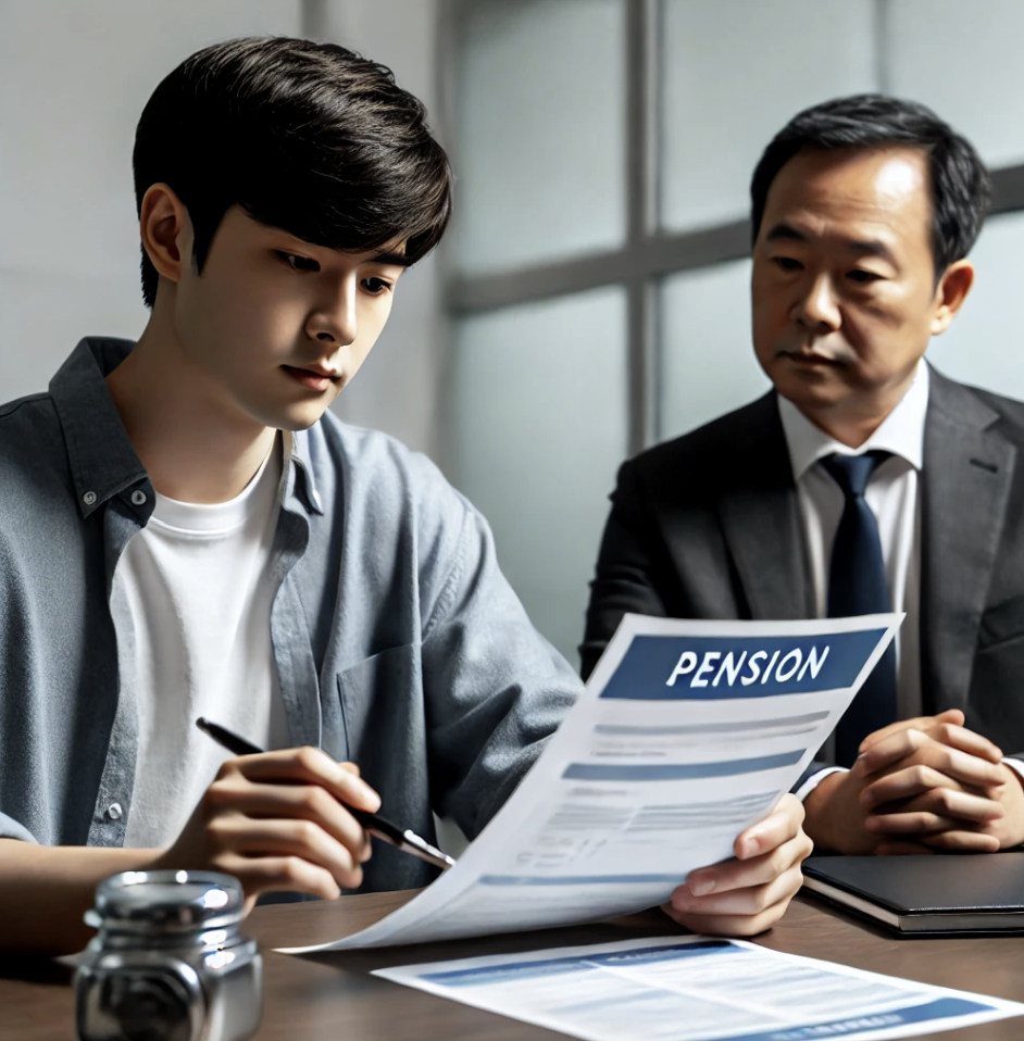 연금 정보를 검토하는 남성과 금융 상담사