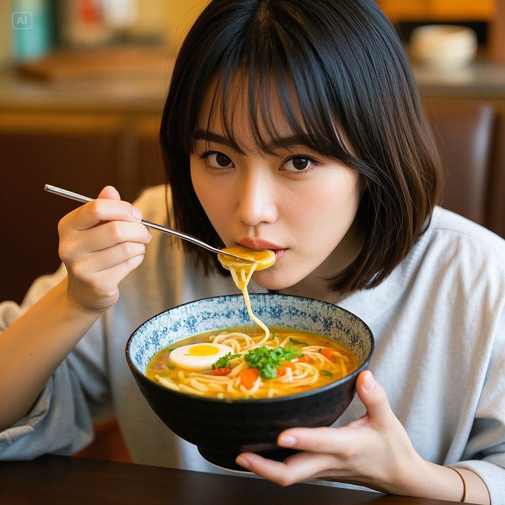 A woman is eating rameon.