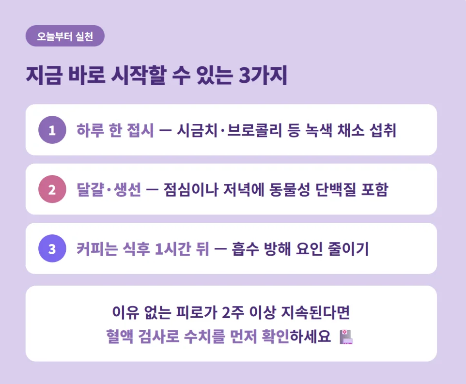 만성 피로 개선을 위한 녹색 채소 섭취, 동물성 단백질 포함, 식후 커피 1시간 뒤 마시기 등 일상 실천 가이드