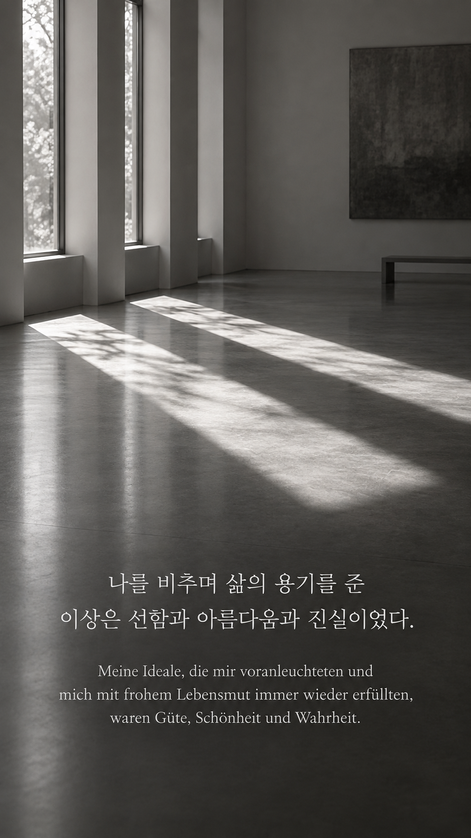 독일어 명언 5 아인슈타인 나를 비추며 삶의 용기를 준 이상은 선함과 아름다움과 진실이었다. — 빈 전시장 바닥의 세 줄기 햇빛