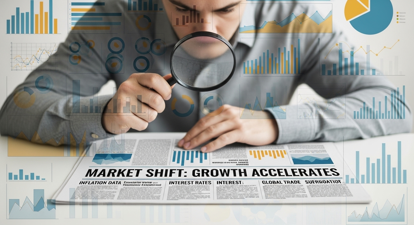 확대경으로 경제 뉴스 헤드라인과 핵심 키워드를 집중 분석하는 사람.