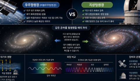 지상망원경 이미지와 우주망원경의 또렷한 촬영 결과를 비교하는 장면