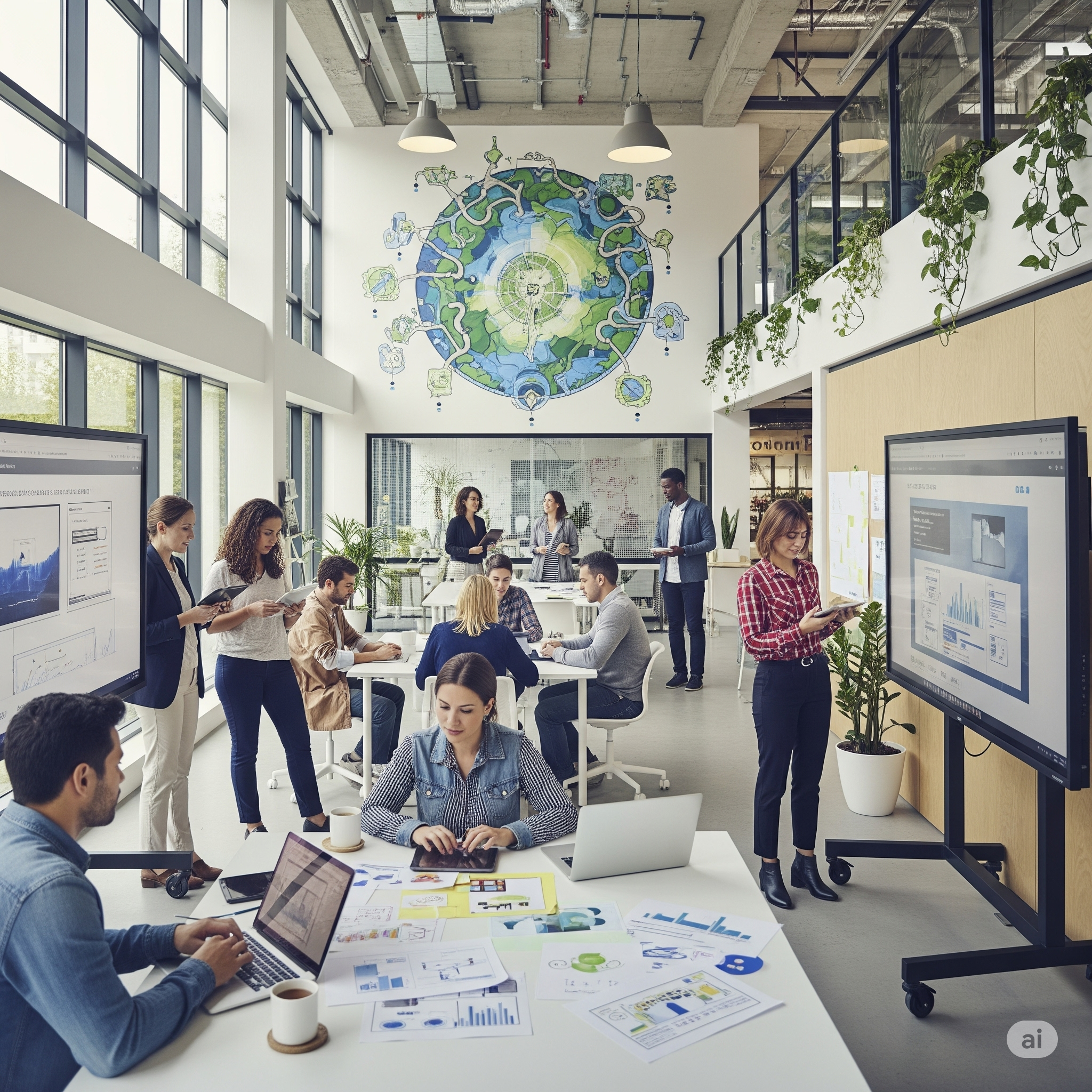 현대적인 사무실 환경에서 직원들이 협업하고 기술을 사용하는 모습을 담아, 마케팅에 미치는 환경적, 사회적 요인의 영향을 강조합니다.