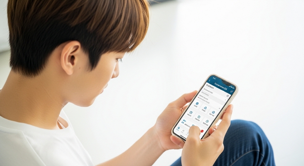 고등학생이 스마트폰으로 정부24 앱을 실행하고 있는 모습