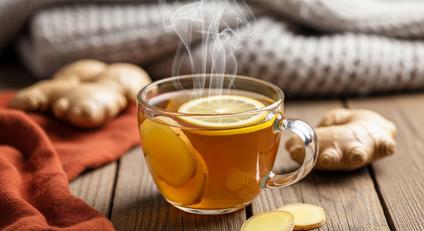 따뜻한 김이 피어오르는 생강차 한 잔과 생강, 레몬 조각이 담긴 아늑한 티타임 풍경. 생강차의 효능과 건강한 겨울을 상징하는 이미지.