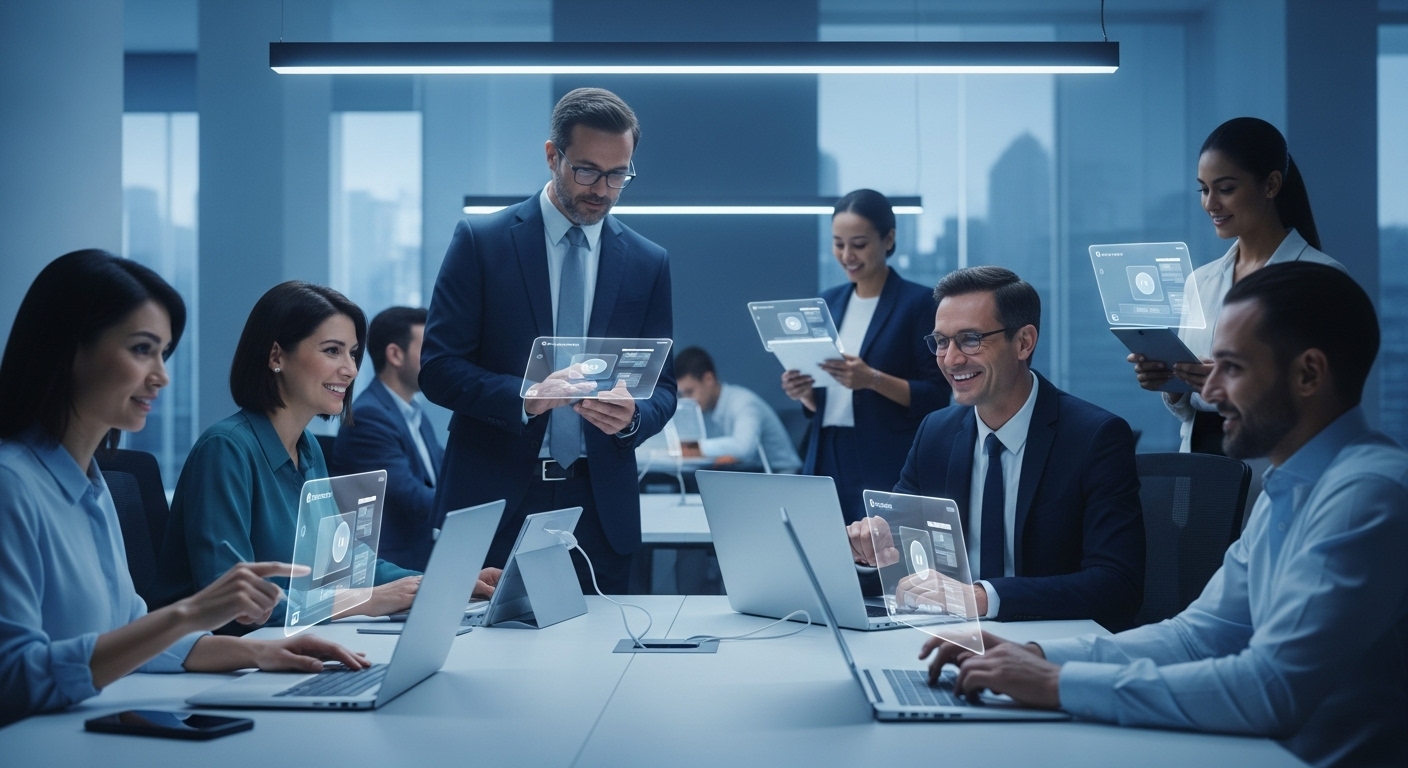 2025년 사무실에서 AI 비서 앱으로 업무 효율을 높이는 직장인들의 모습