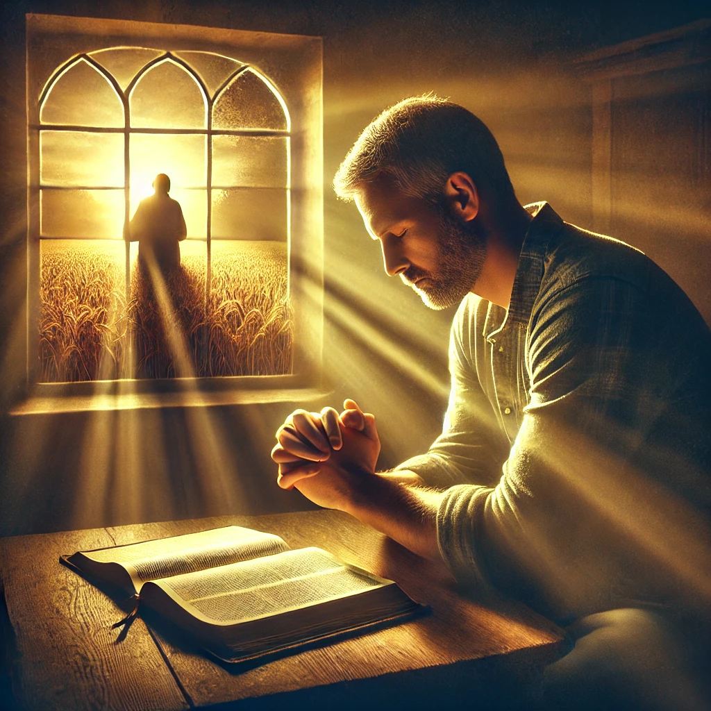 Here is the illustration of a person earnestly praying with faith and patience, holding onto God's promises, and seeking a faithful harvest.