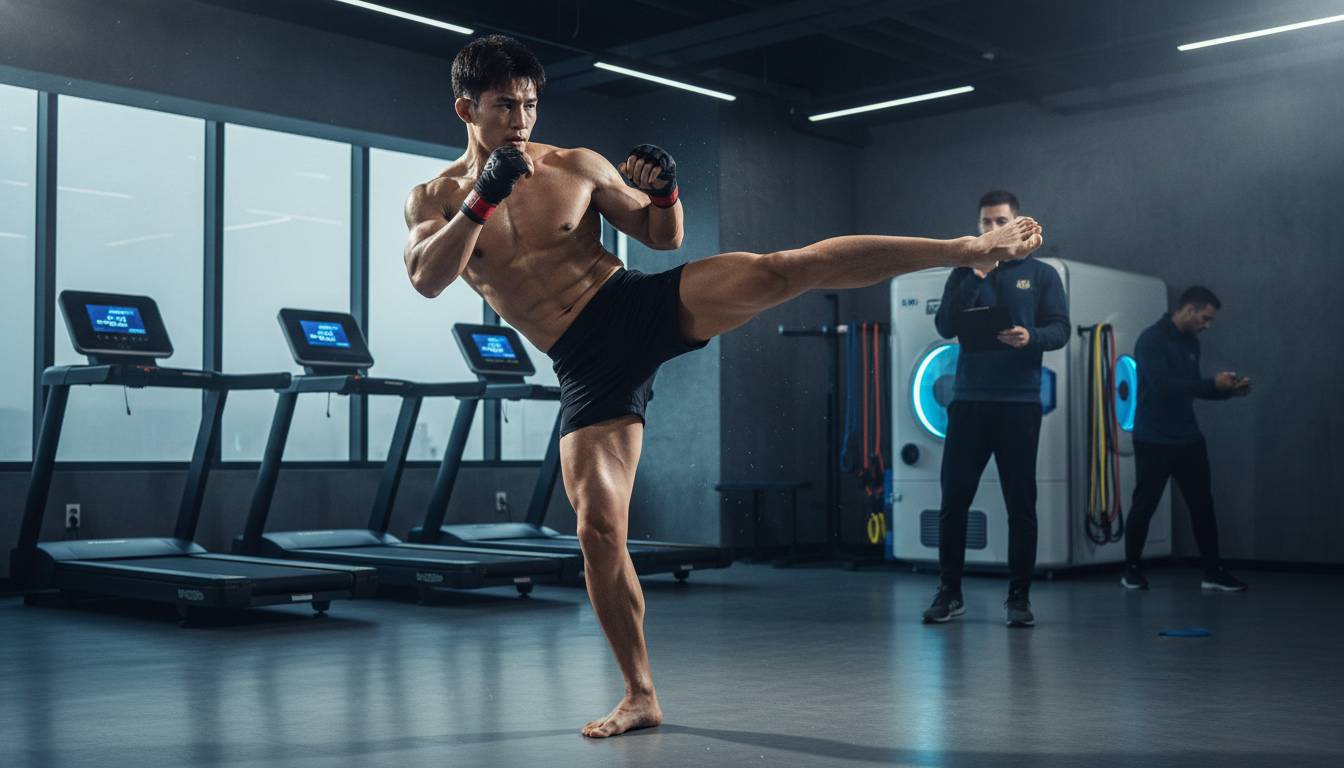 강력한 피지컬의 UFC 김상욱 선수가 스포츠 재활 센터에서 집중 훈련 중인 모습. 훈련과 재활의 중요성을 보여줍니다.