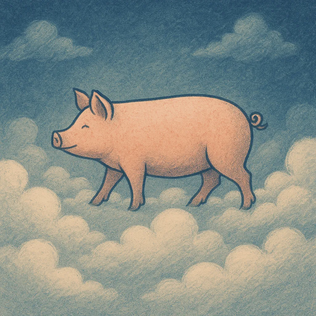 구름 위를 걷는 분홍 돼지의 몽환적인 이미지