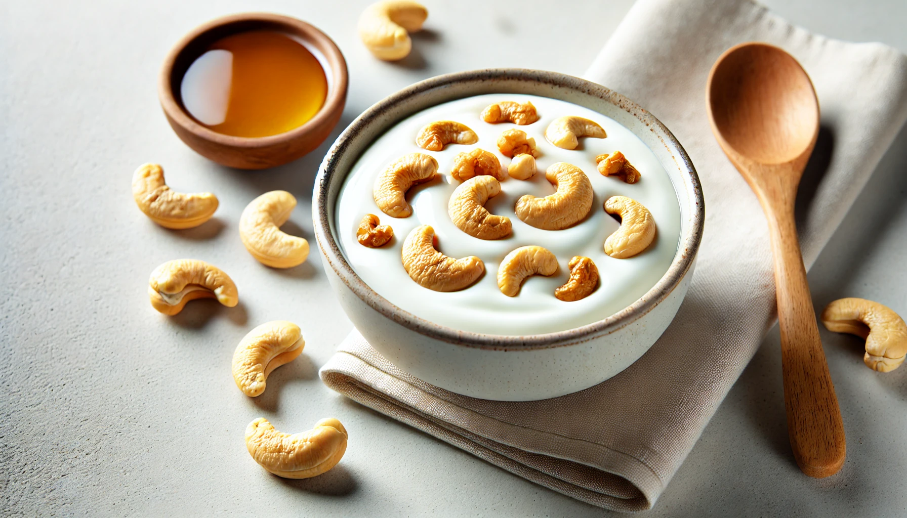 위 이미지는 플레인 요구르트와 캐슈넛의 조합을 가로로 보여줍니다. 부드러운 플레인 요구르트 위에 전체와 잘게 다진 캐슈넛이 올려져 있으며, 꿀이나 신선한 과일이 추가되어 시각적으로도 매력적인 모습입니다. 이 조합은 맛과 영양이 균형 잡힌 건강한 간식으로 적합합니다.