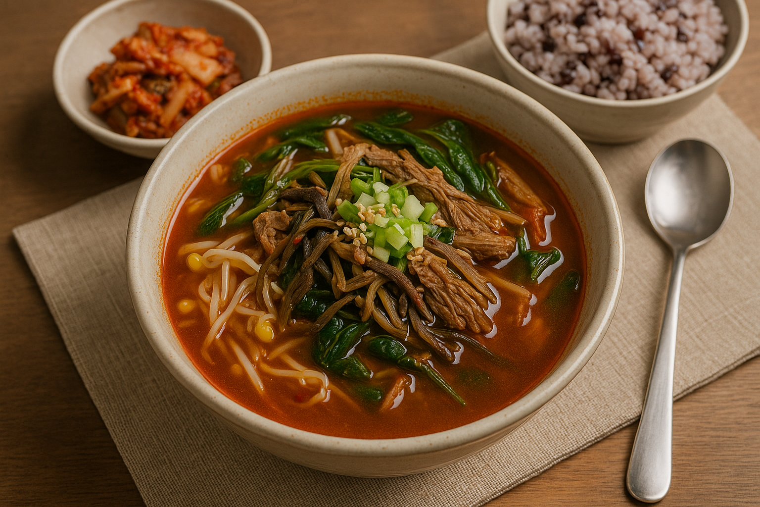&ldquo;따뜻한 한식 상차림. 김이 모락모락 나는 붉은 육개장이 도자기 그릇에 담겨 있고, 숙주와 고사리, 시금치, 소고기 건더기가 푸짐하게 올려져 있다. 옆에는 현미밥 반 공기와 김치 반찬이 함께 놓여 있으며, 은은한 조명 아래 건강하고 포근한 분위기의 식탁이 연출되어 있다.&rdquo;