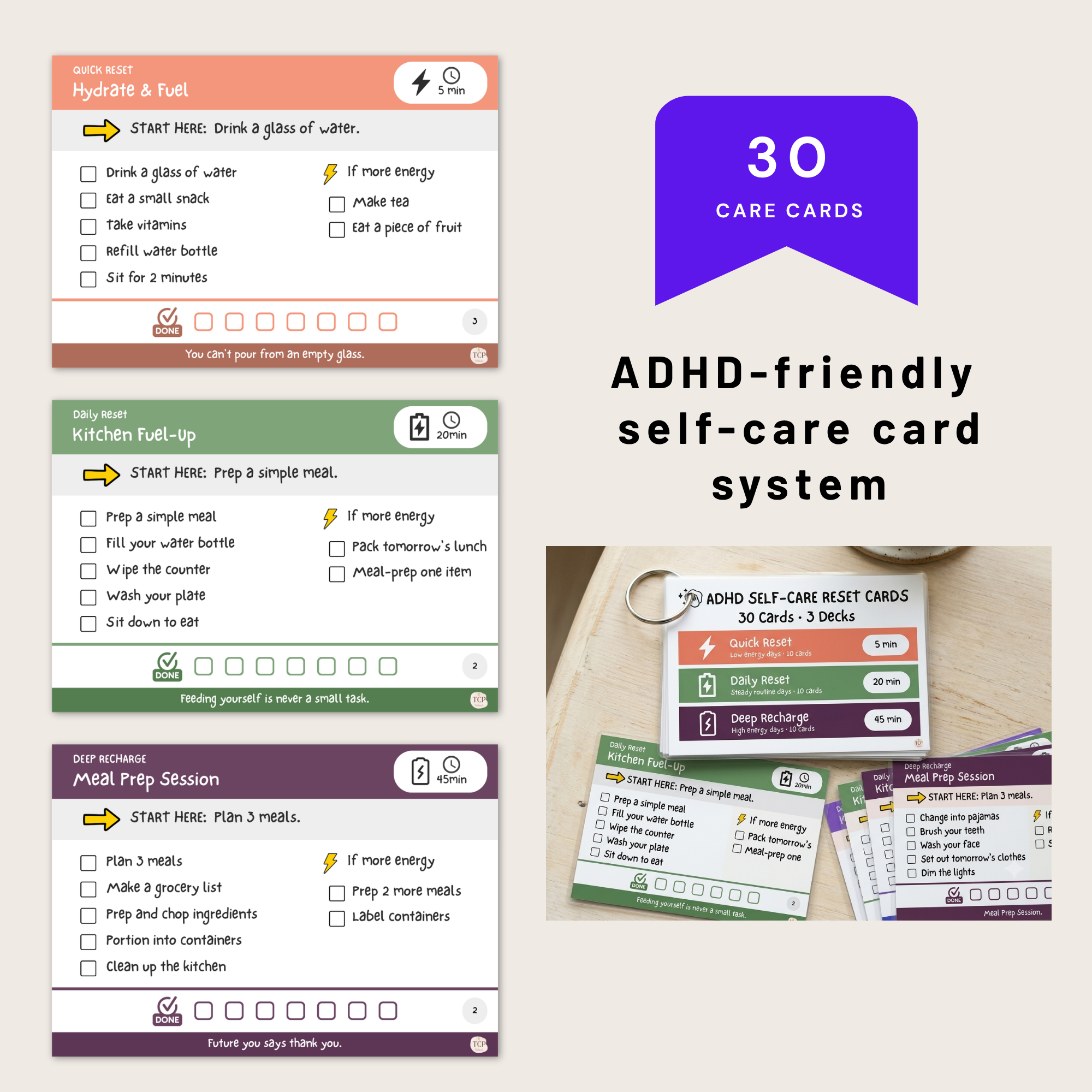 ADHD Self-Care Reset Cards Printable 30 Card Deck 3 Decks