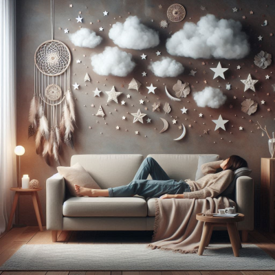 꿈의 상징과 함께 편안히 쉬는 사람과 그 주위의 평화로운 공간입니다.