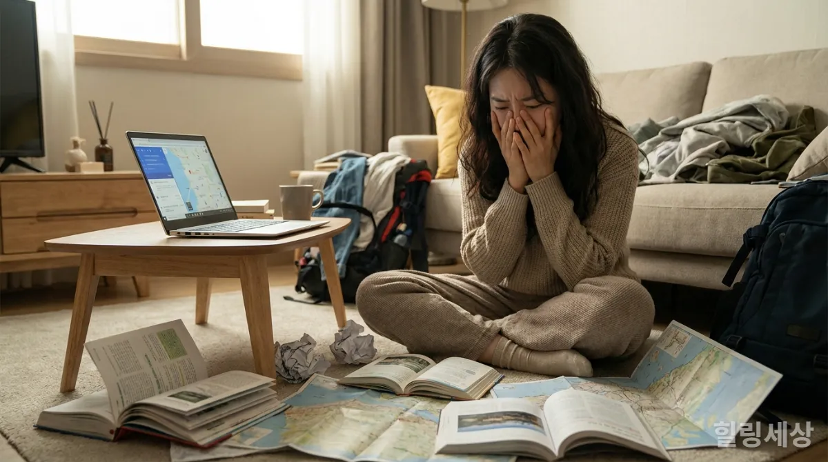 여행 계획에 지쳐 스트레스받는 한국인 여성