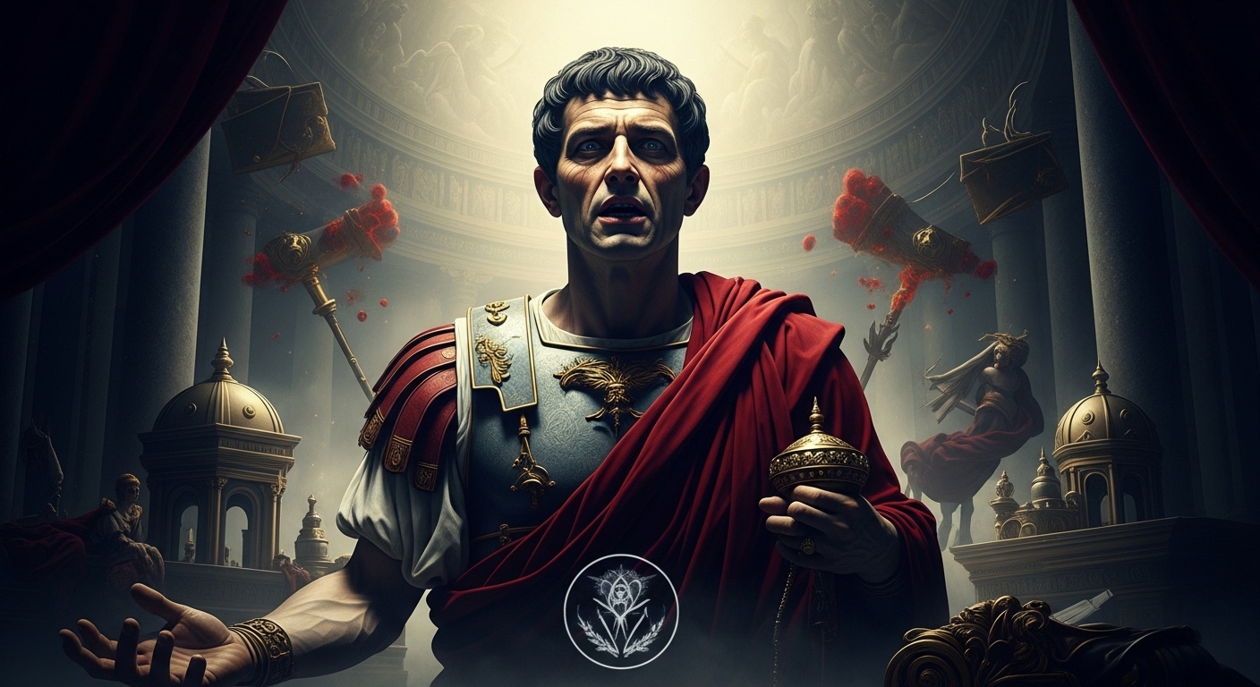 로마 황제 칼리굴라가 광기에 사로잡힌 듯한 표정으로 웅장하지만 퇴폐적인 로마 궁정 한가운데 서 있는 모습.