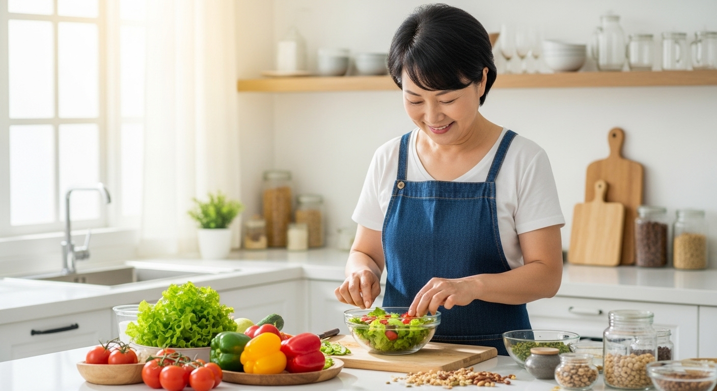 60대 여성 주방에서 샐러드 준비