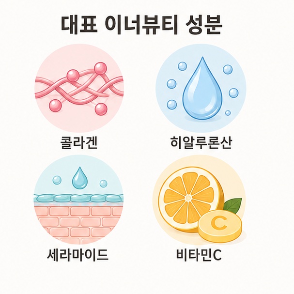 콜라겐과 히알루론산, 세라마이드, 비타민C 등 이너뷰티 제품에 사용되는 대표 성분을 정리한 이미지