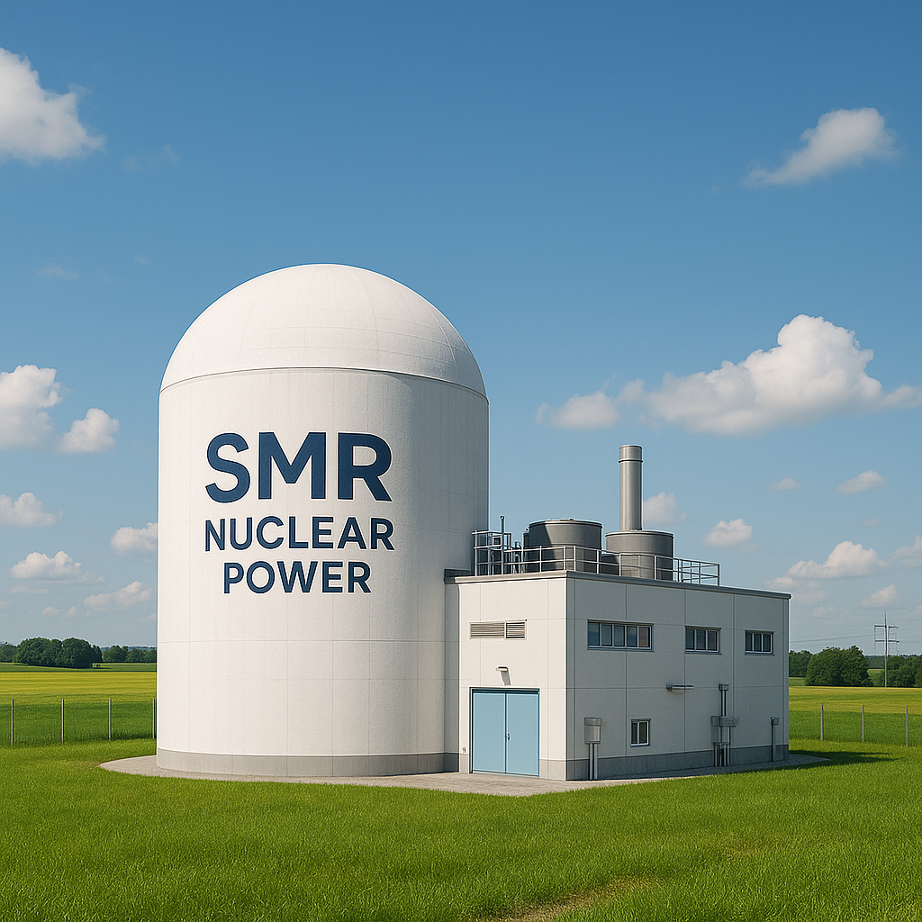 Small modular nuclear reactor (SMR) facility in a rural field with containment dome and auxiliary buildings under a blue sky