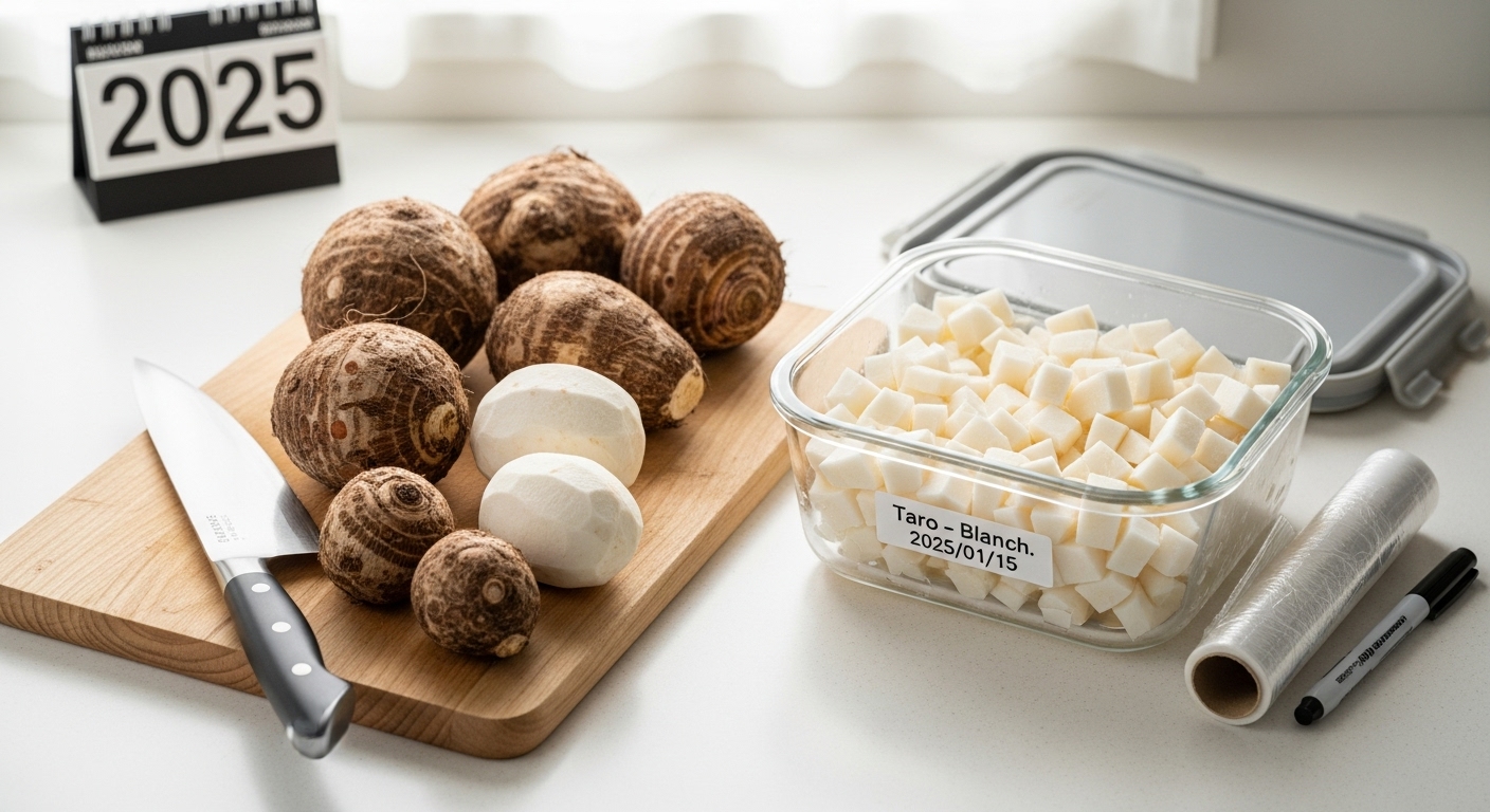 신선한 토란과 손질 후 밀폐 용기에 담아 냉동 보관하는 토란의 모습. 토란의 올바른 보관법을 보여줍니다.