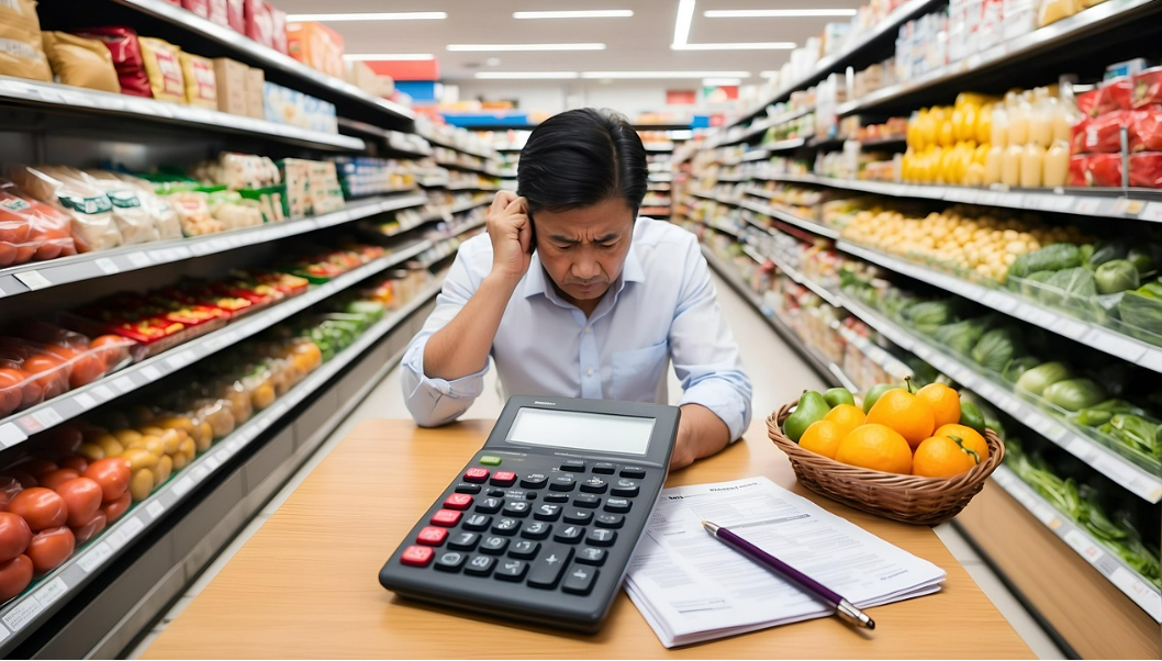 슈퍼마켓 식품 코너 앞에서 계산기를 보며 고민하는 남자