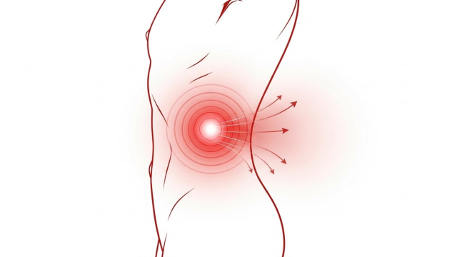상복부 통증이 허리&middot;등으로 번지는 모습을 화살표로 표현한 일러스트