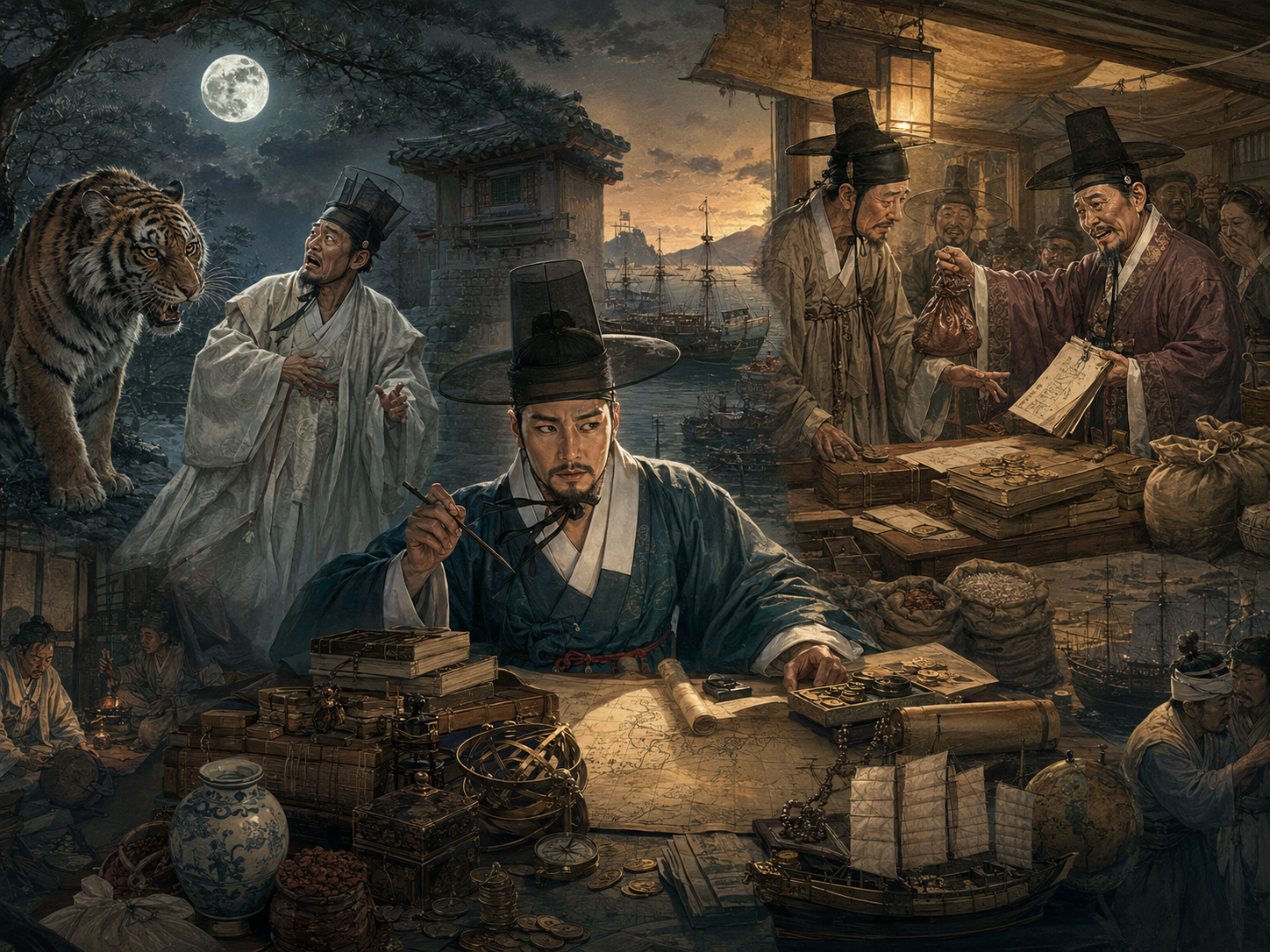 연암산문선 요약: 붓을 들고 서재에 앉아 있는 박지원과 호질의 호랑이, 양반전의 신분 매매, 허생전의 무역 항구 등 연암 산문의 대표작들이 환상적으로 어우러진 일러스트