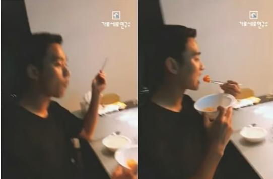 2018년 김수현이 닭볶음탕 먹는 모습(왼쪽), 김새론 추정 여성이 자는 모습. ('가로세로연구소')