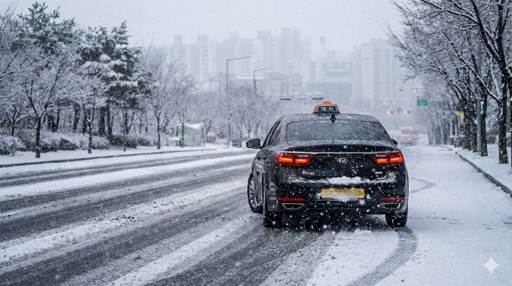 눈 내리는 도로를 달리는 모범택시의 쓸쓸하지만 단단한 뒷모습