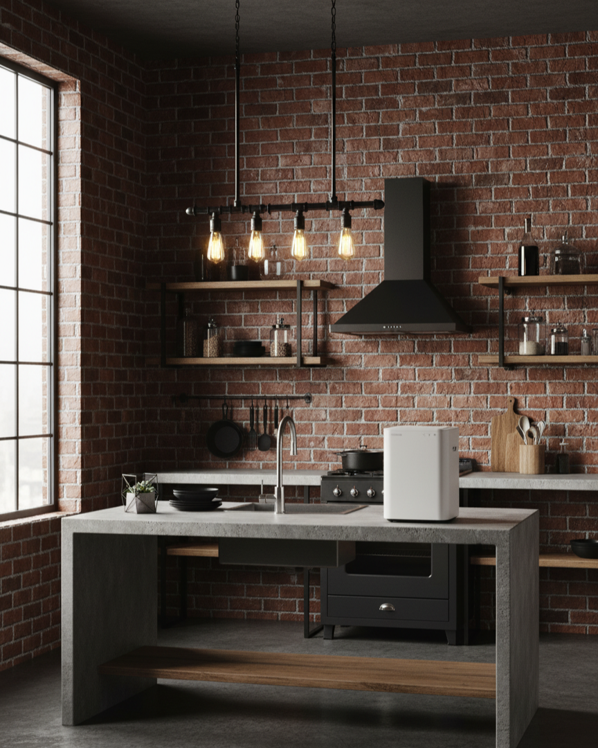 빈티지 감성의 주방에 음식물 처리기가 조리대 위에 놓인 모습 