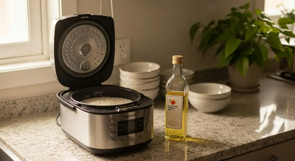 밥솥에 쌀이 들어 있고, 그 옆에 홍화씨 기름이 들어 있는 병이 놓여 있음.