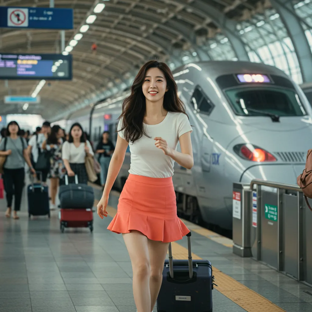 기차타러 가며 웃고 있는 여성