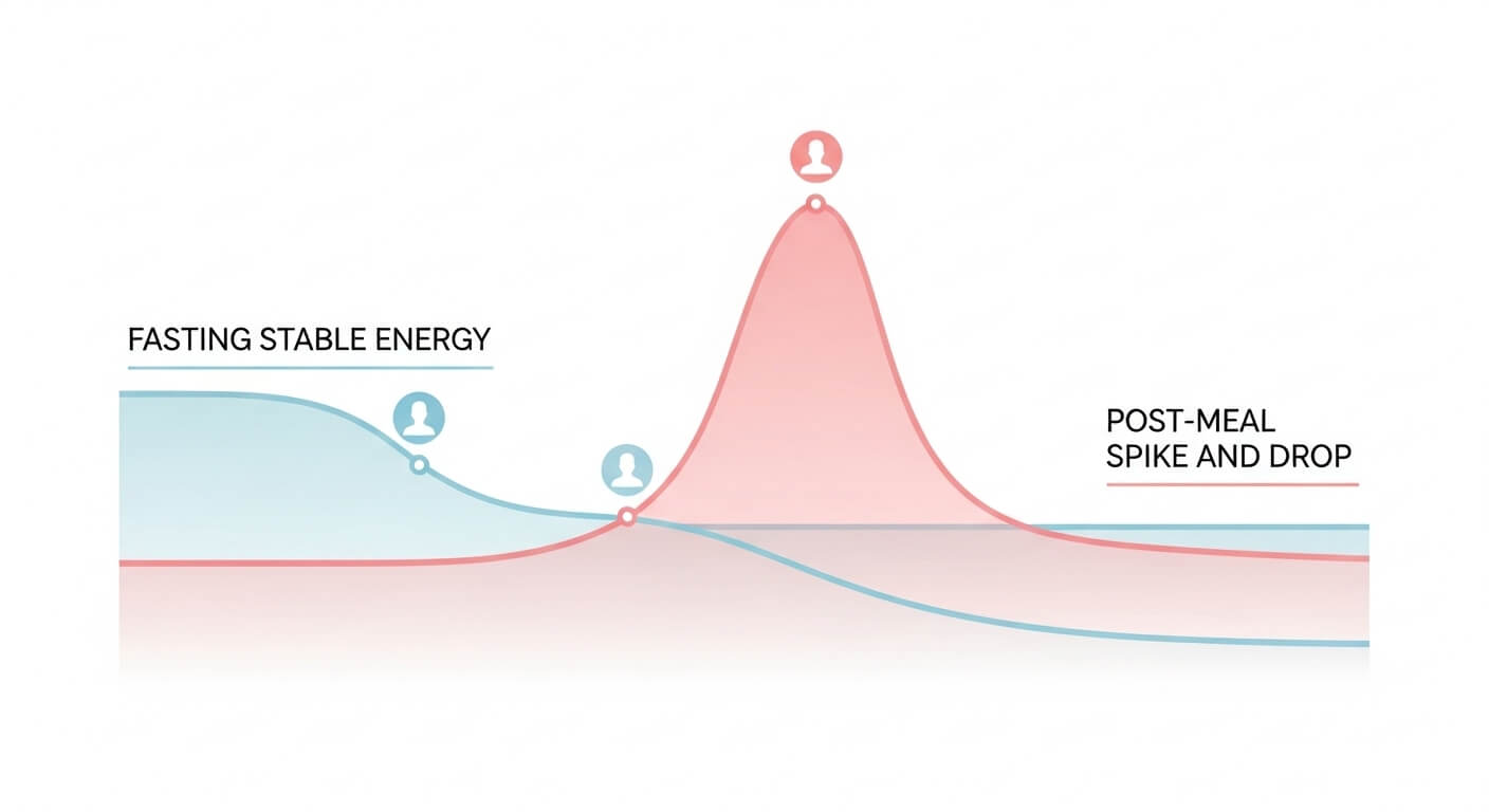 공복 상태와 식사 후 혈당 변화 비교 그래프, 식사 후 혈당이 상승했다가 감소하는 흐름 설명