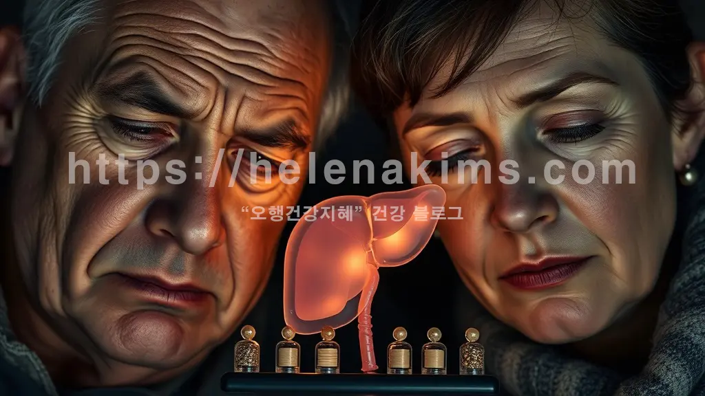 눈 밑의 옅은 다크서클과 미간 주름이 피곤한 기색이 역력한 중년 남녀, 옆에 은은한 빛을 발하는 투명한 간 모형과 그 주위에 5가지 간 질환 증상을 상징하는 작은 오브제들이 놓여 있는 모습.