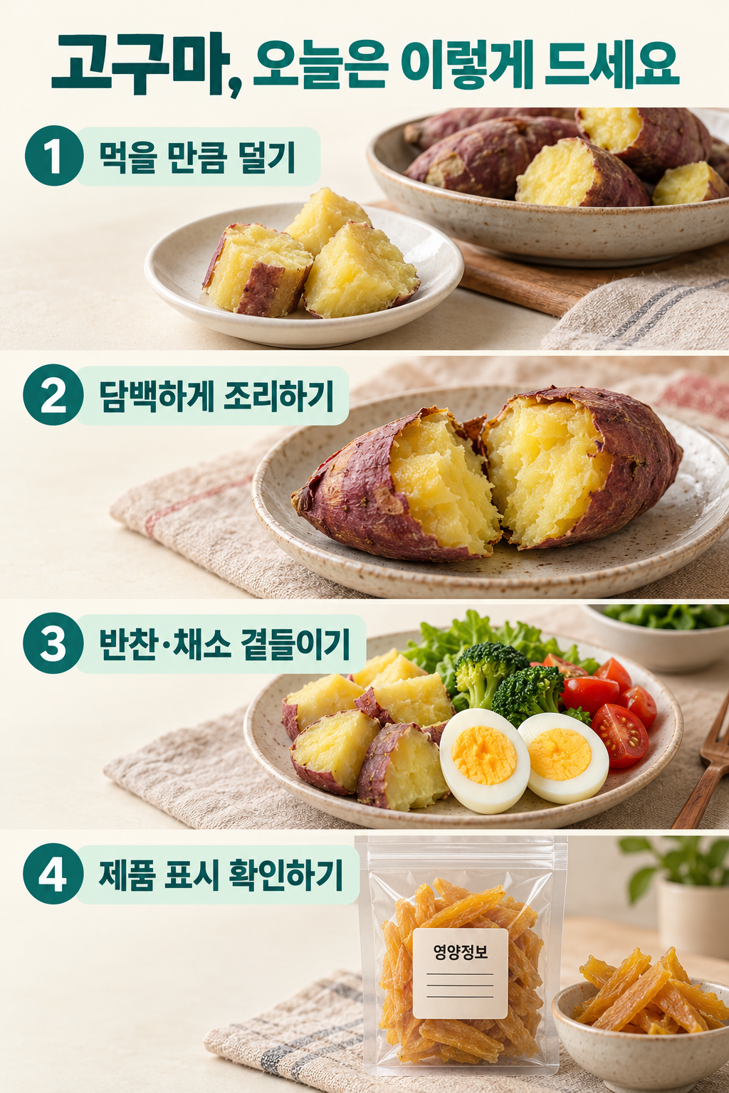 고구마를 먹을 만큼 덜기, 버터&middot;시럽 없이 담백하게 조리하기, 달걀과 채소 곁들이기, 말랭이 제품 표시 확인하기를 네 실사 장면으로 정리.