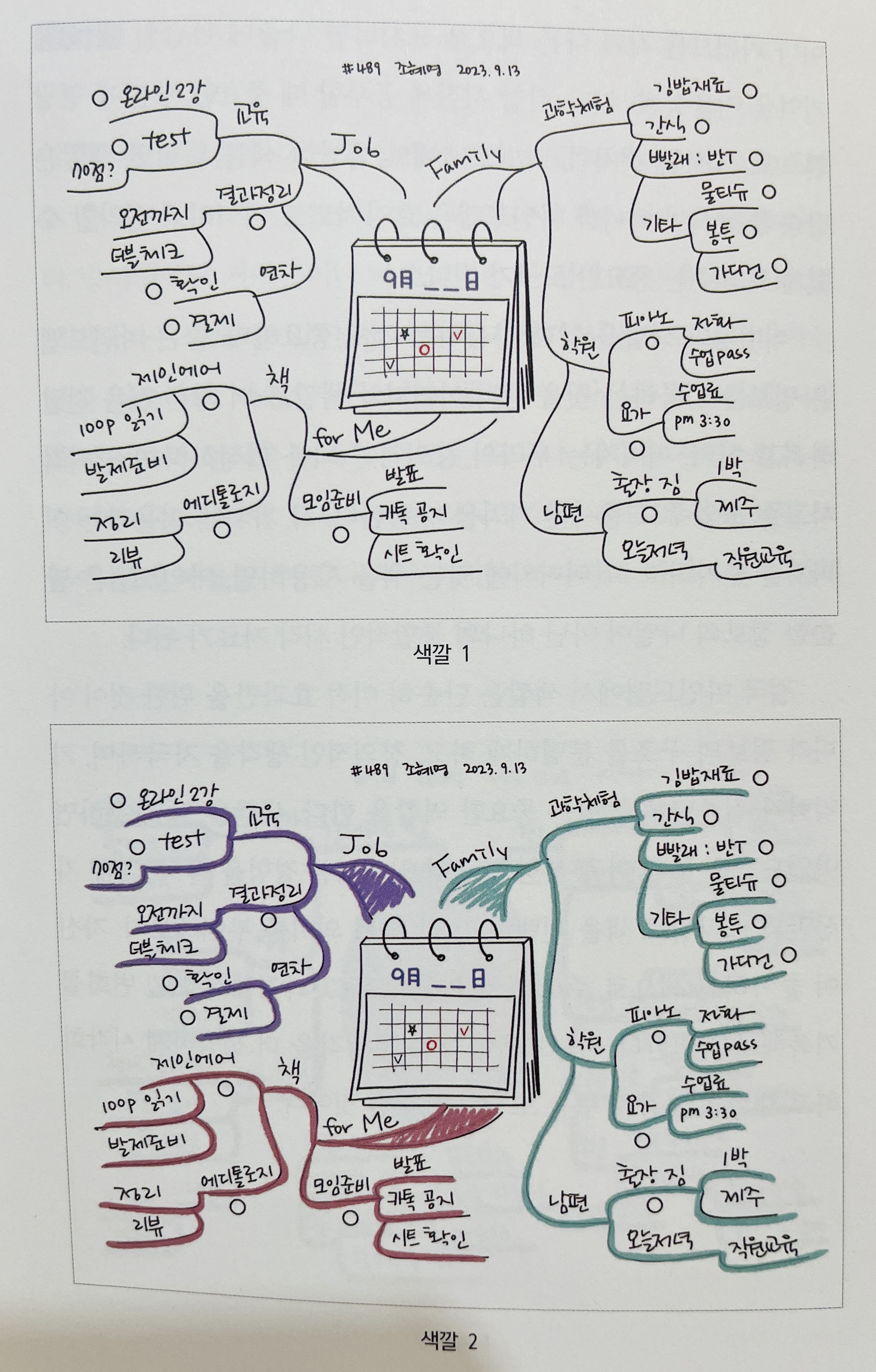 색깔이 없는 마인드맵과 있는 마인드맵의 비교