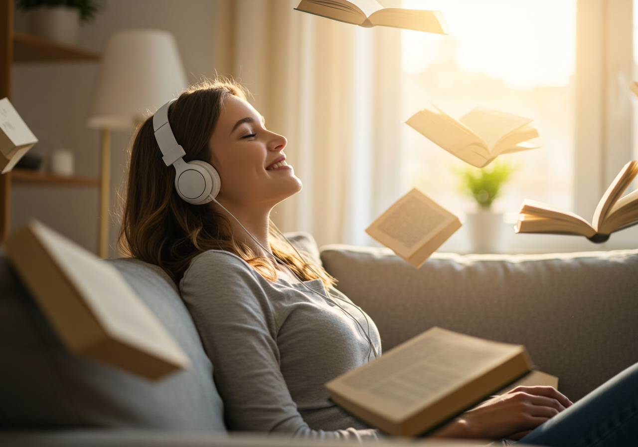 오디오북을 듣고 있는 여자 사진