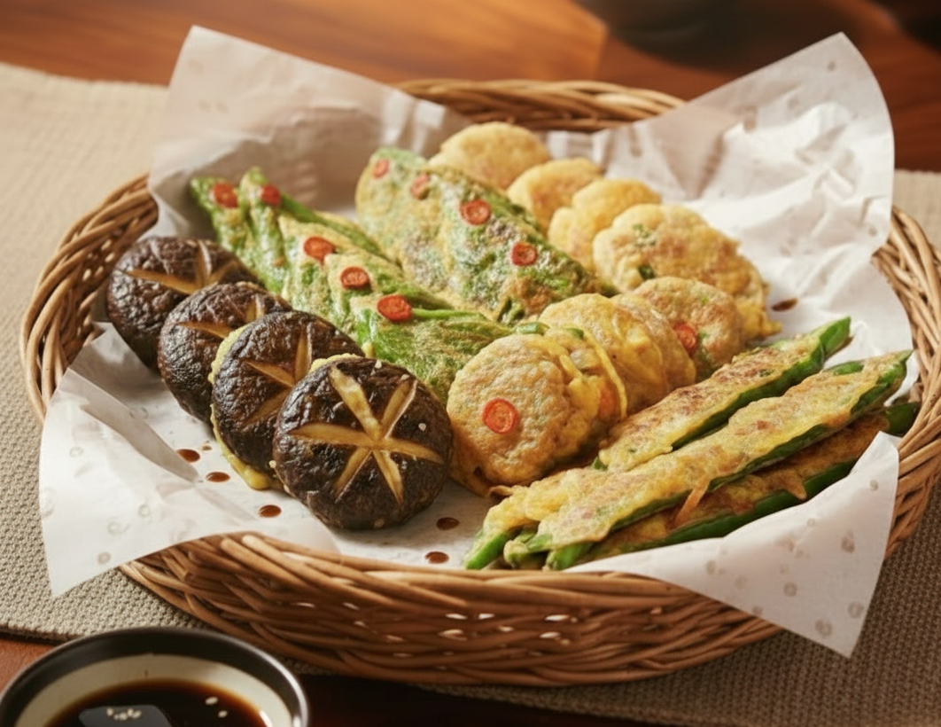 고급스러운 검은색 접시에 정갈하게 담긴 수제 동그랑땡, 깻잎전, 고추전, 표고버섯전이 있는 따뜻한 상.