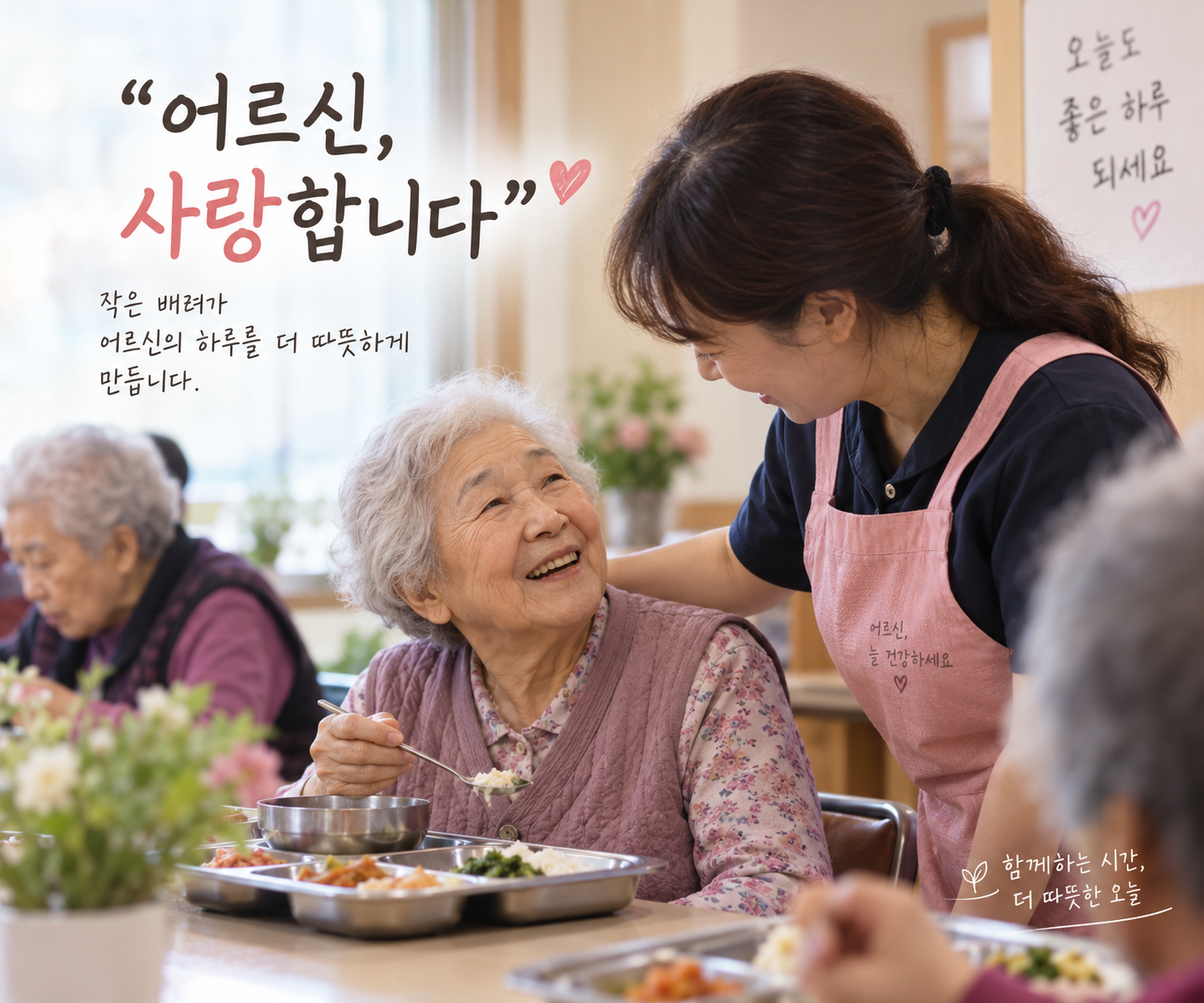 주야간보호센터 식사시간에 요양보호사가 어르신을 살피며 따뜻하게 대화를 나누는 모습