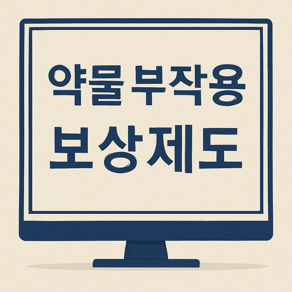 디지털 안내판에 '약물 부작용 보상제도'라는 문구가 진한 네이비색 글씨로 표시되어 있으며, 배경은 연한 베이지 톤의 종이 질감으로 구성됨.