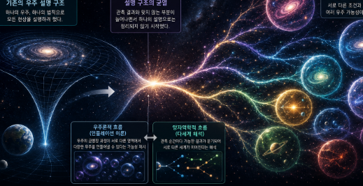 여러 방향으로 갈라지는 우주 계산 그래프와 다세계 해석 구조 설명한 이미지