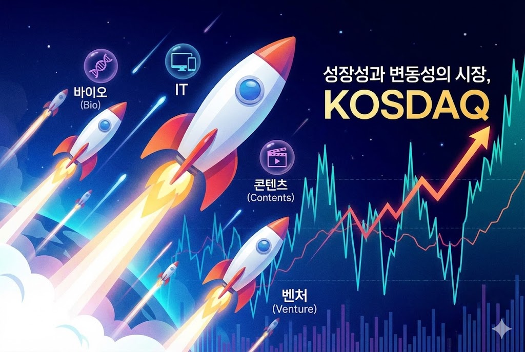성장성과 변동성이 큰 코스닥 시장 특징. 바이오, IT, 콘텐츠, 벤처 기업 중심의 시장 구조와 성장 그래프.
