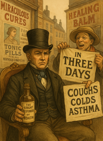 19세기 런던 거리에서 건강식품을 홍보하는 상인과 광고판