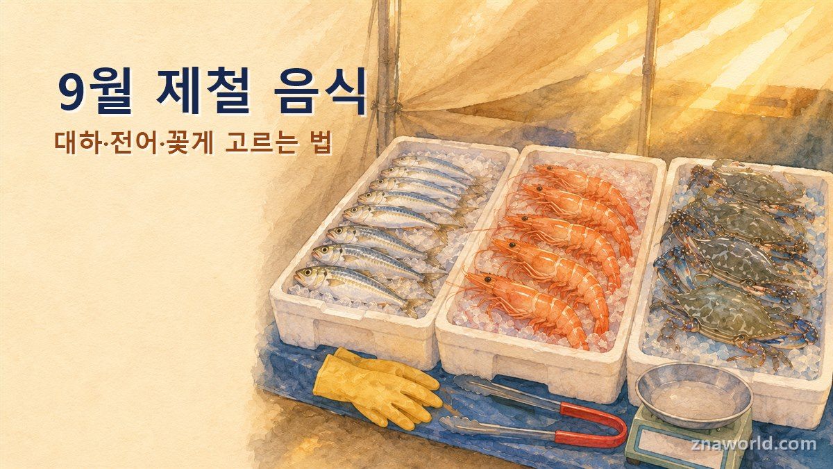 가을 수산시장 좌판에 놓인 전어와 대하 꽃게