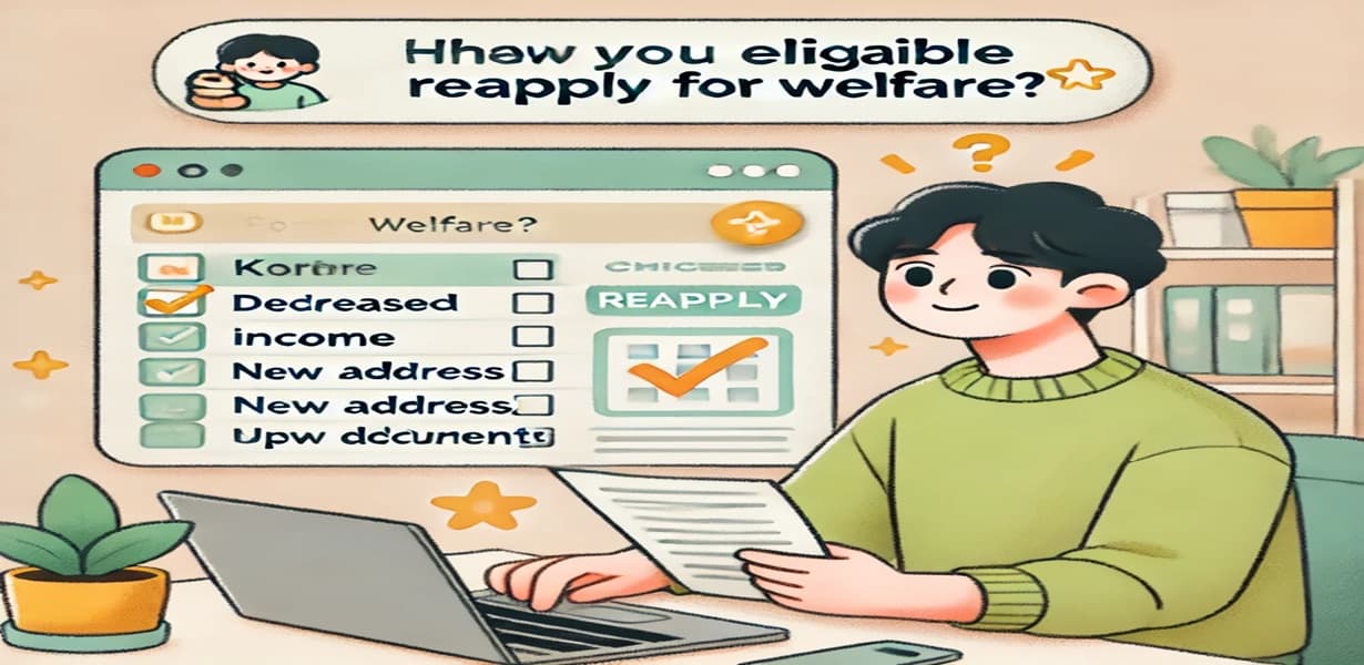 복지 재신청 조건을 확인하는 신청자가 컴퓨터와 서류, 체크리스트를 검토하는 장면