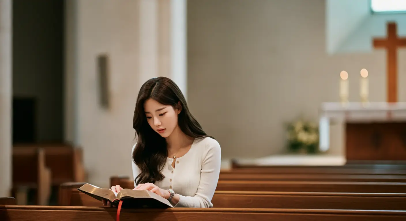 교회에서 성경을 읽는 여성