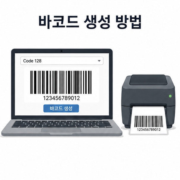 노트북과 라벨 프린터로 표현한 바코드 생성 방법 안내 이미지